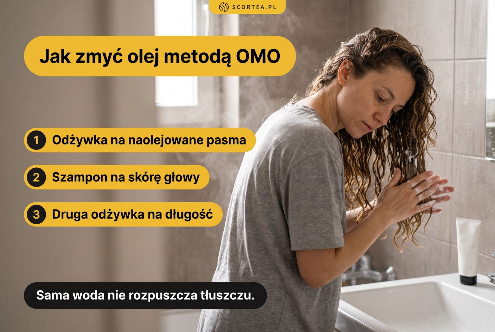 Infografika: jak zmyć olej z loków metodą OMO, najpierw odżywka na naolejowane pasma, potem szampon na skórę głowy, na koniec druga odżywka