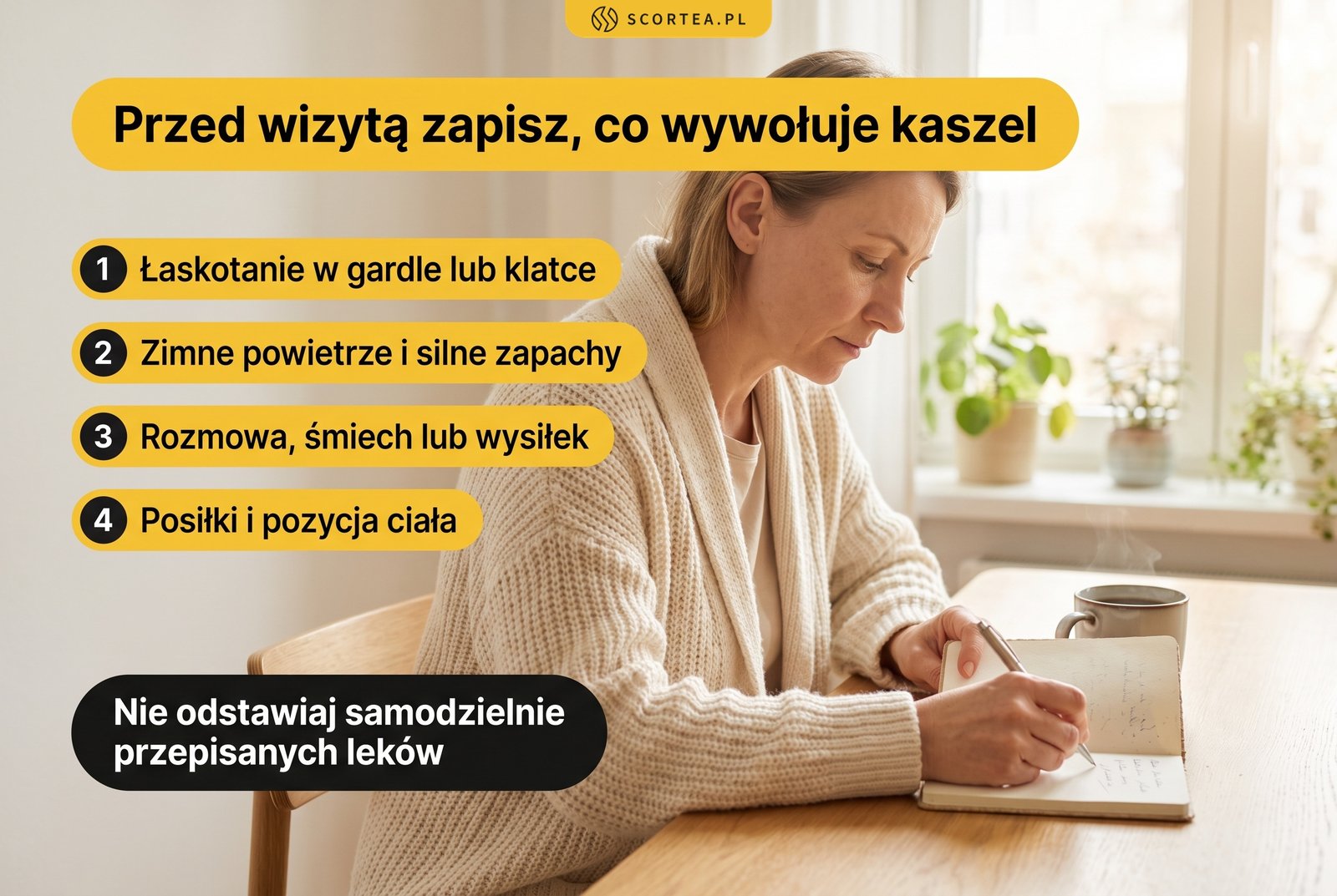 Infografika: co zapisać przed wizytą u lekarza z kaszlem, łaskotanie w gardle, zimne powietrze, zapachy, rozmowa, wysiłek, posiłki