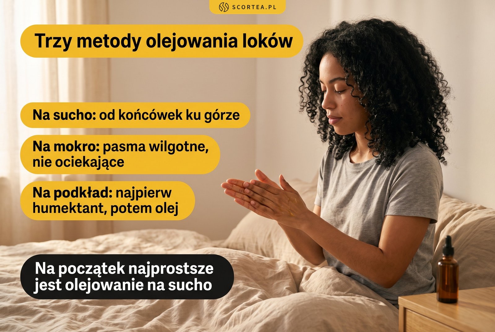 Infografika: trzy metody olejowania loków, na sucho od końcówek ku górze, na mokro na wilgotne pasma, na podkład z humektantem pod olejem