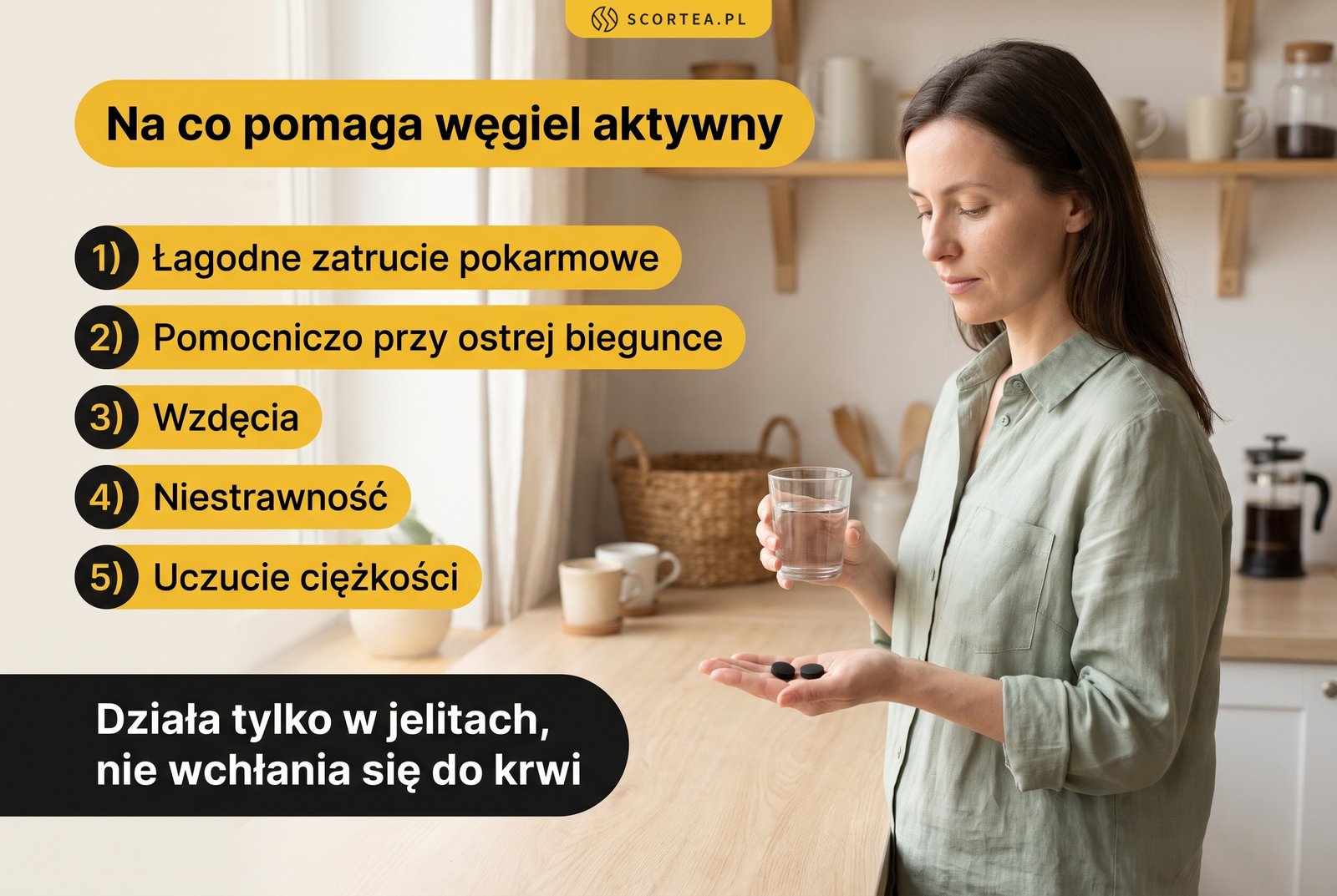 Infografika: na co pomaga węgiel aktywny, czyli łagodne zatrucie pokarmowe, pomocniczo przy ostrej biegunce, wzdęcia, niestrawność i uczucie ciężkości; działa tylko w jelitach i nie wchłania się do krwi