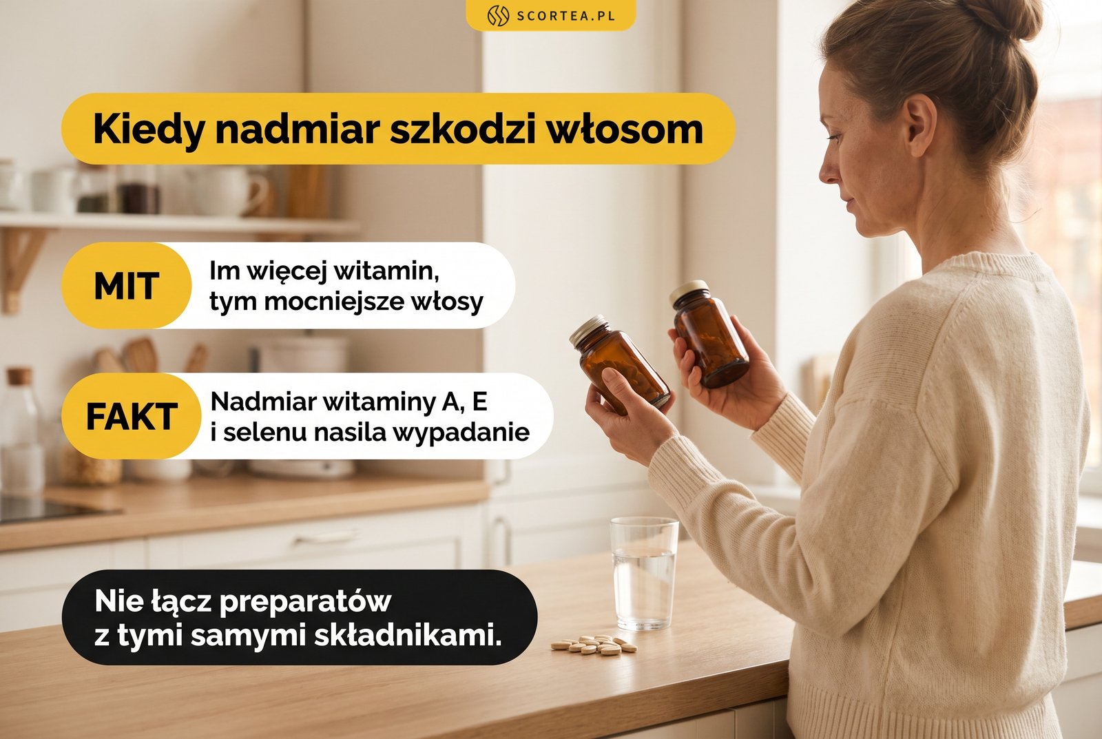 Infografika: mit i fakt o witaminach na włosy. Nadmiar witaminy A, E i selenu nasila wypadanie, nie łącz preparatów z tymi samymi składnikami