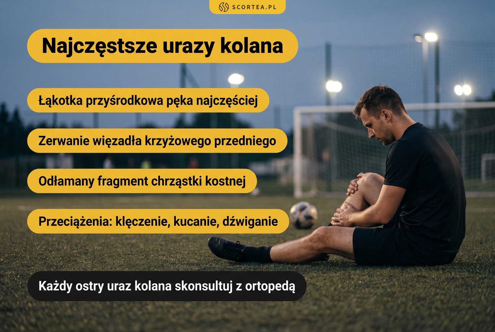Infografika: najczęstsze urazy kolana, czyli pęknięcie łąkotki przyśrodkowej, zerwanie ACL, odłamanie chrząstki i przeciążenia