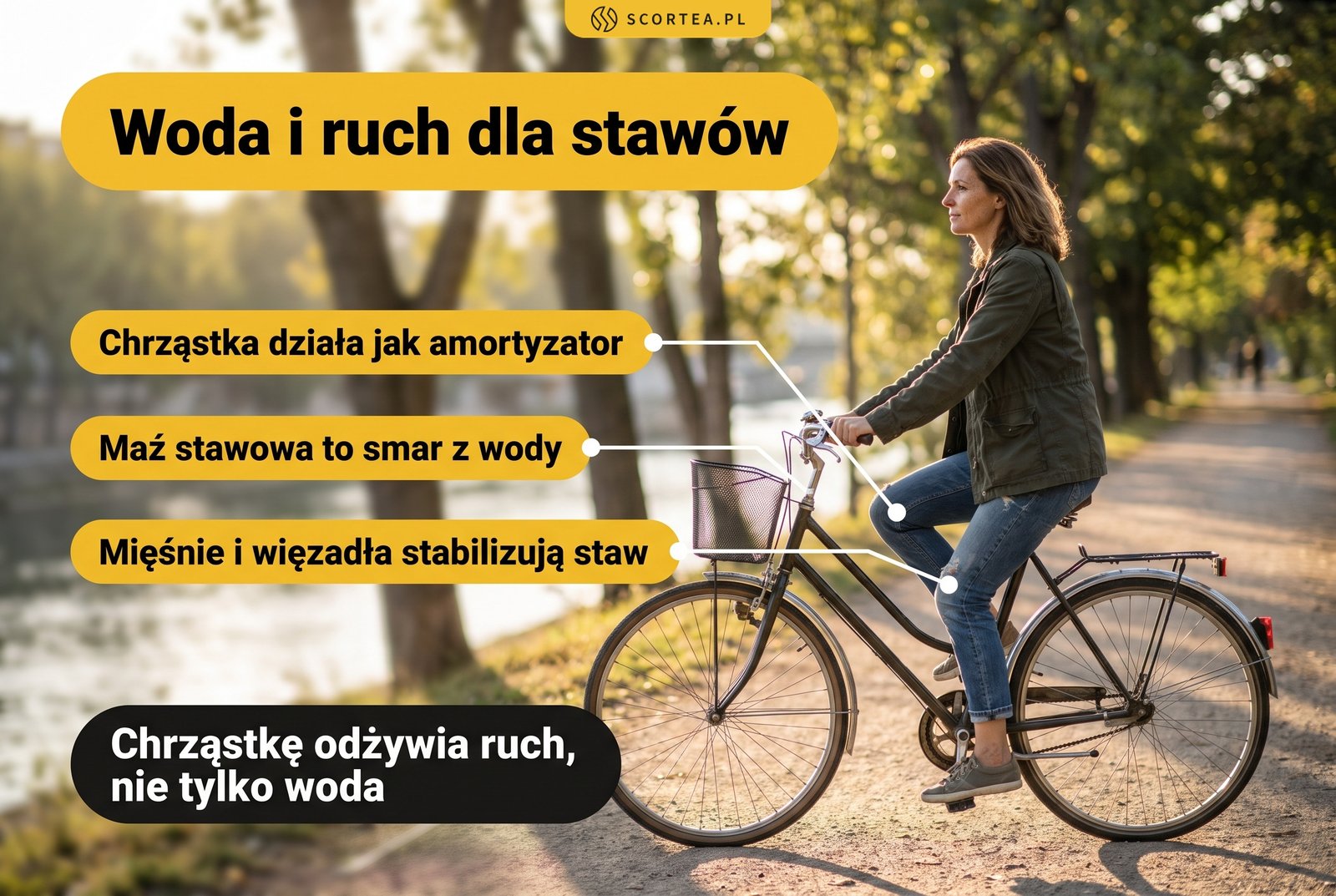 Infografika: woda i ruch dla stawów. Chrząstka działa jak amortyzator, maź stawowa jak smar z wody, mięśnie i więzadła stabilizują staw