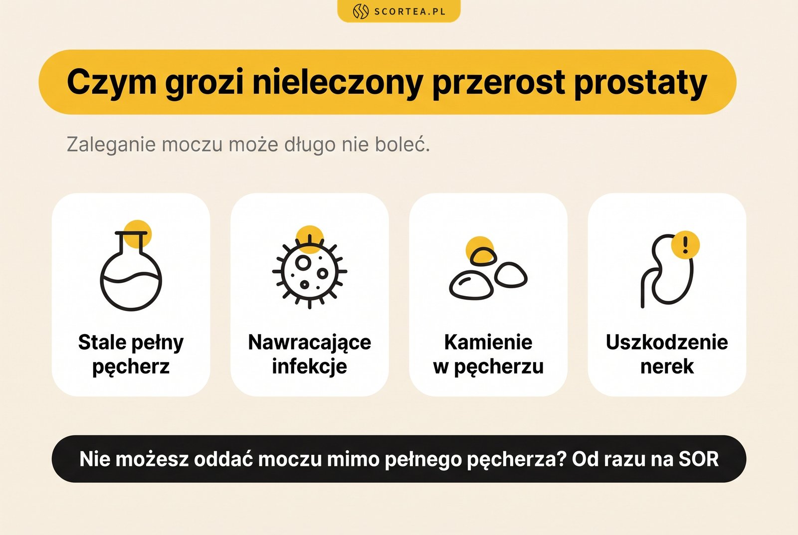 Infografika: czym grozi nieleczony przerost prostaty: stale pełny pęcherz, nawracające infekcje, kamienie w pęcherzu i uszkodzenie nerek; gdy nie możesz oddać moczu mimo pełnego pęcherza, od razu na SOR