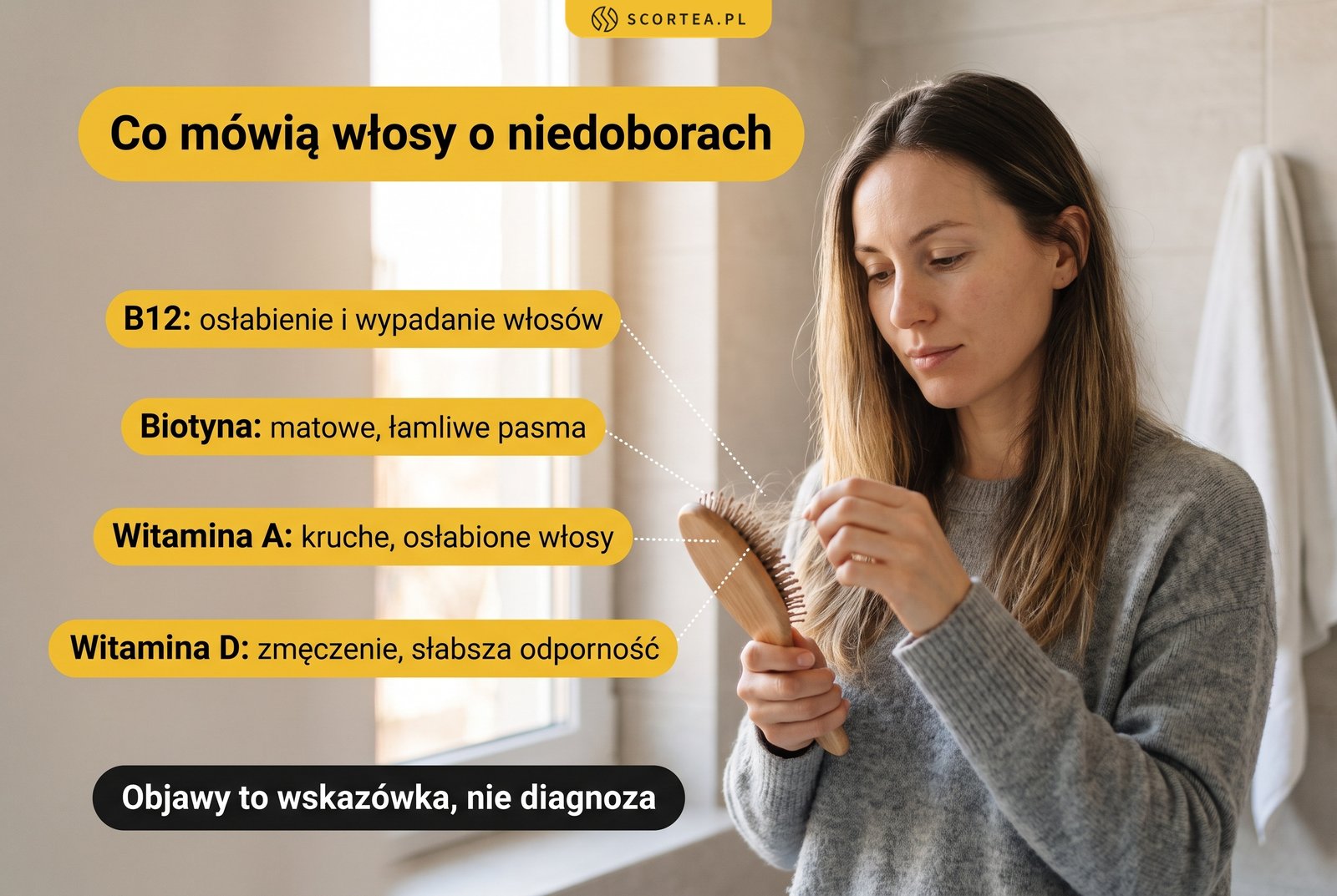 Infografika: objawy niedoboru witamin na włosach. B12 osłabienie i wypadanie, biotyna matowe pasma, witamina A kruchość, witamina D zmęczenie