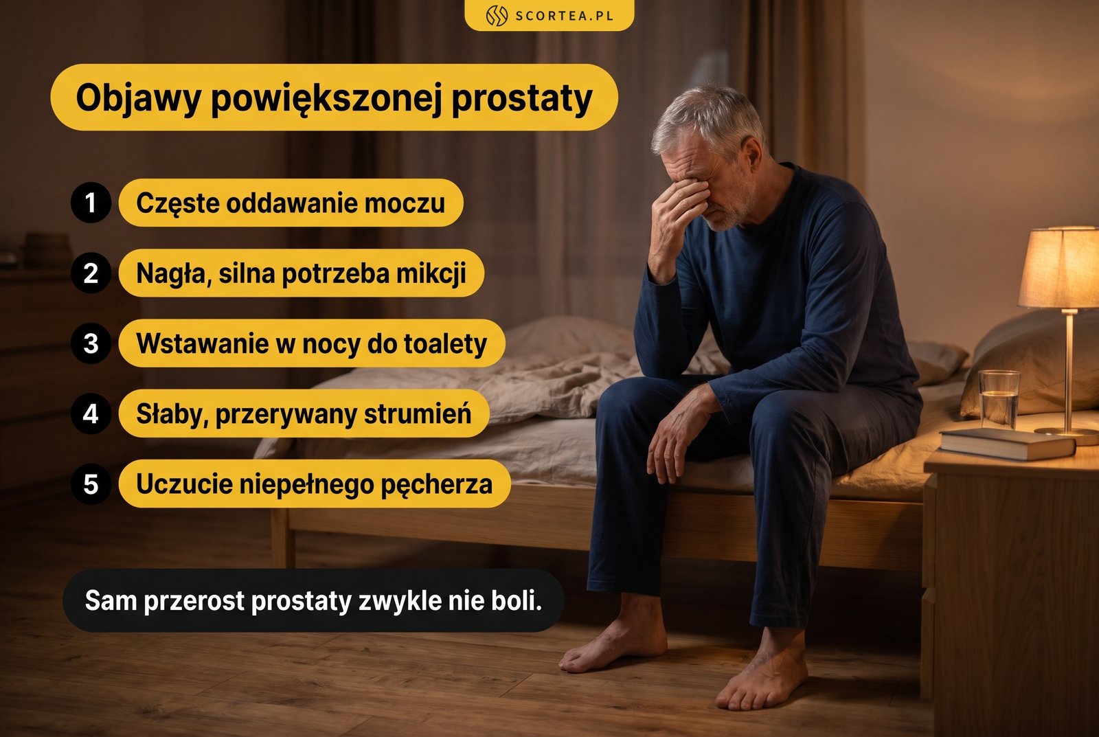 Infografika: objawy powiększonej prostaty, czyli częste oddawanie moczu, nagła silna potrzeba mikcji, wstawanie w nocy do toalety, słaby przerywany strumień i uczucie niepełnego pęcherza; sam przerost prostaty zwykle nie boli
