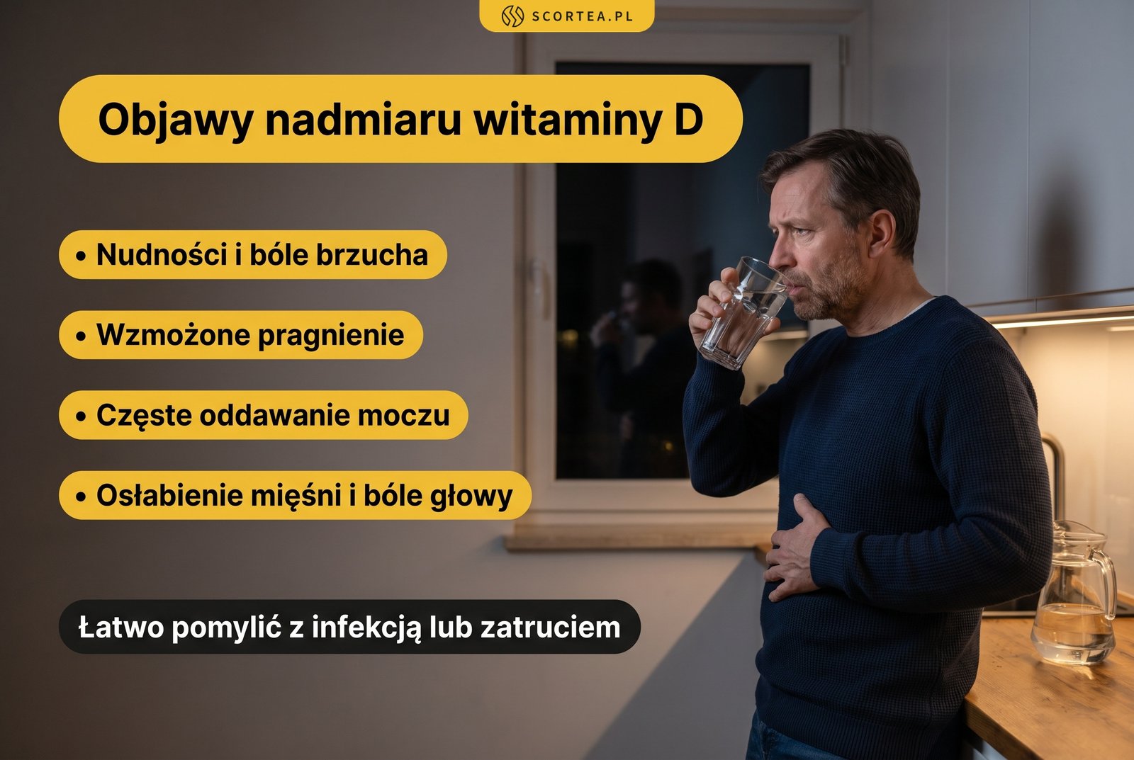 Infografika: objawy nadmiaru witaminy D, czyli nudności, bóle brzucha, wzmożone pragnienie, częste oddawanie moczu i osłabienie mięśni