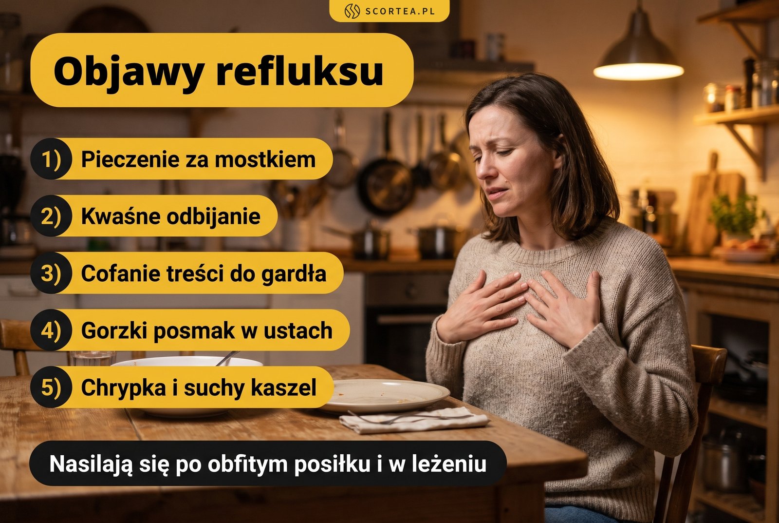Infografika: objawy refluksu, czyli pieczenie za mostkiem, kwaśne odbijanie, cofanie treści do gardła, gorzki posmak w ustach oraz chrypka i suchy kaszel, nasilające się po obfitym posiłku i w leżeniu