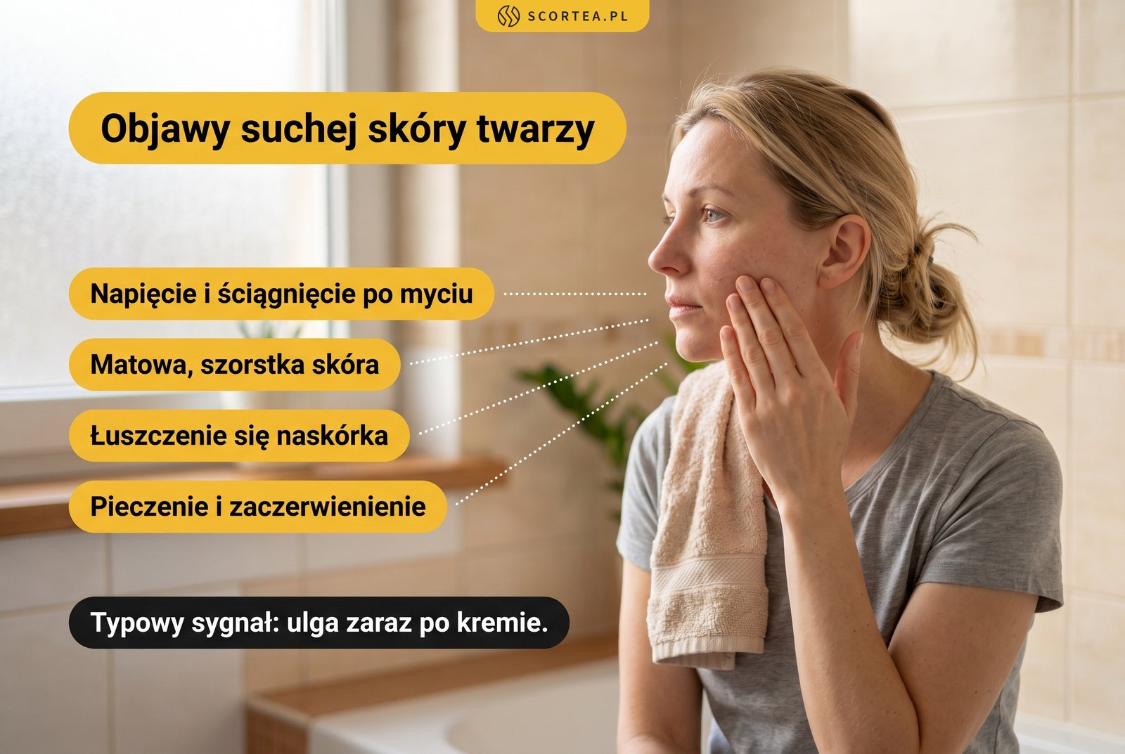 Infografika: objawy suchej skóry twarzy, czyli napięcie po myciu, matowa i szorstka skóra, łuszczenie, pieczenie i zaczerwienienie
