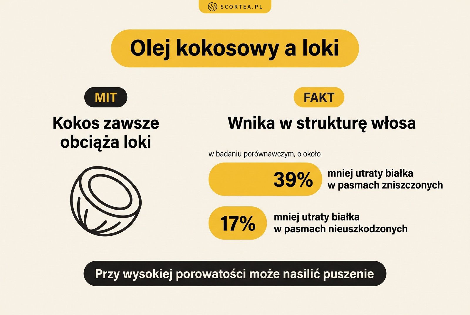 Infografika: mit i fakt o oleju kokosowym na lokach, wnika w strukturę włosa i ogranicza utratę białka o ok. 39% i 17%, przy wysokiej porowatości może puszyć