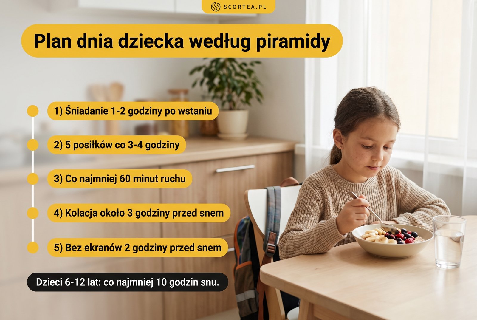 Infografika: plan dnia dziecka według piramidy. 5 posiłków co 3-4 godziny, 60 minut ruchu, kolacja 3 godziny przed snem, 10 godzin snu