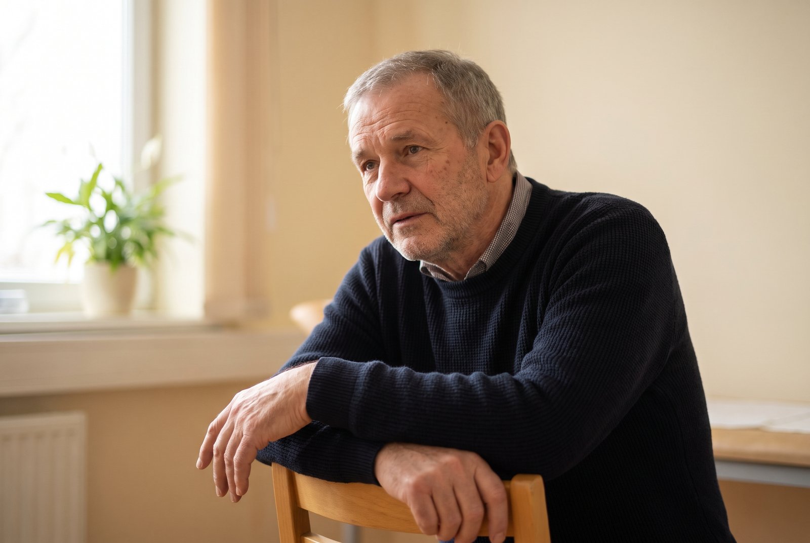 Mężczyzna około 60 lat w granatowym swetrze uważnie słucha podczas konsultacji, rozmowa o objawach powiększonej prostaty
