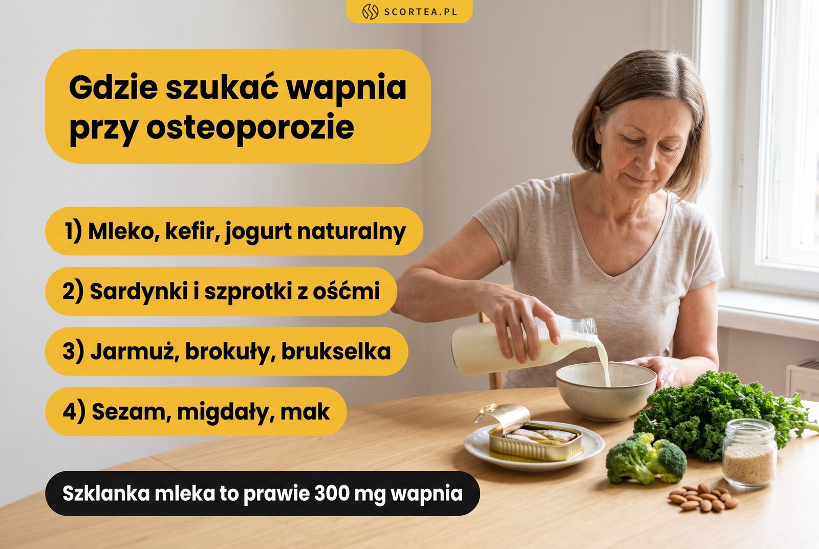 Infografika: gdzie szukać wapnia przy osteoporozie. Mleko, kefir i jogurt, sardynki z ośćmi, jarmuż i brokuły, sezam, migdały i mak