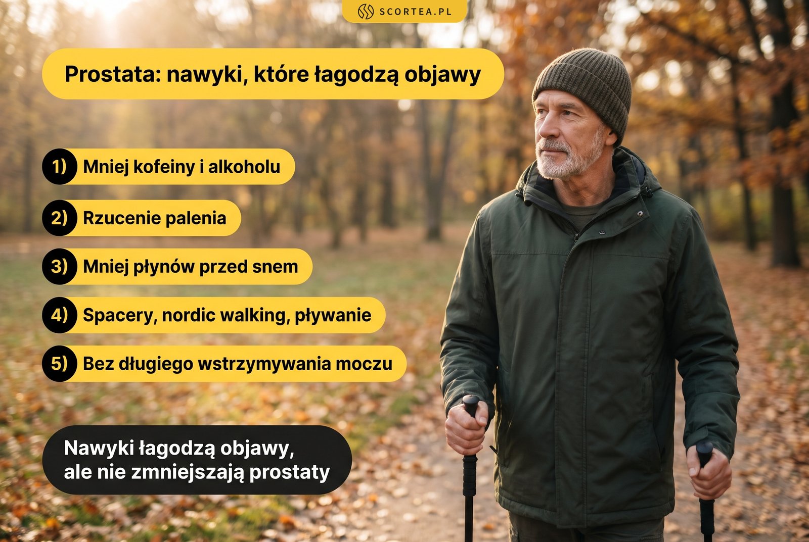 Infografika: nawyki, które łagodzą objawy powiększonej prostaty: mniej kofeiny i alkoholu, rzucenie palenia, mniej płynów przed snem, spacery, nordic walking i pływanie oraz unikanie długiego wstrzymywania moczu; nawyki nie zmniejszają prostaty