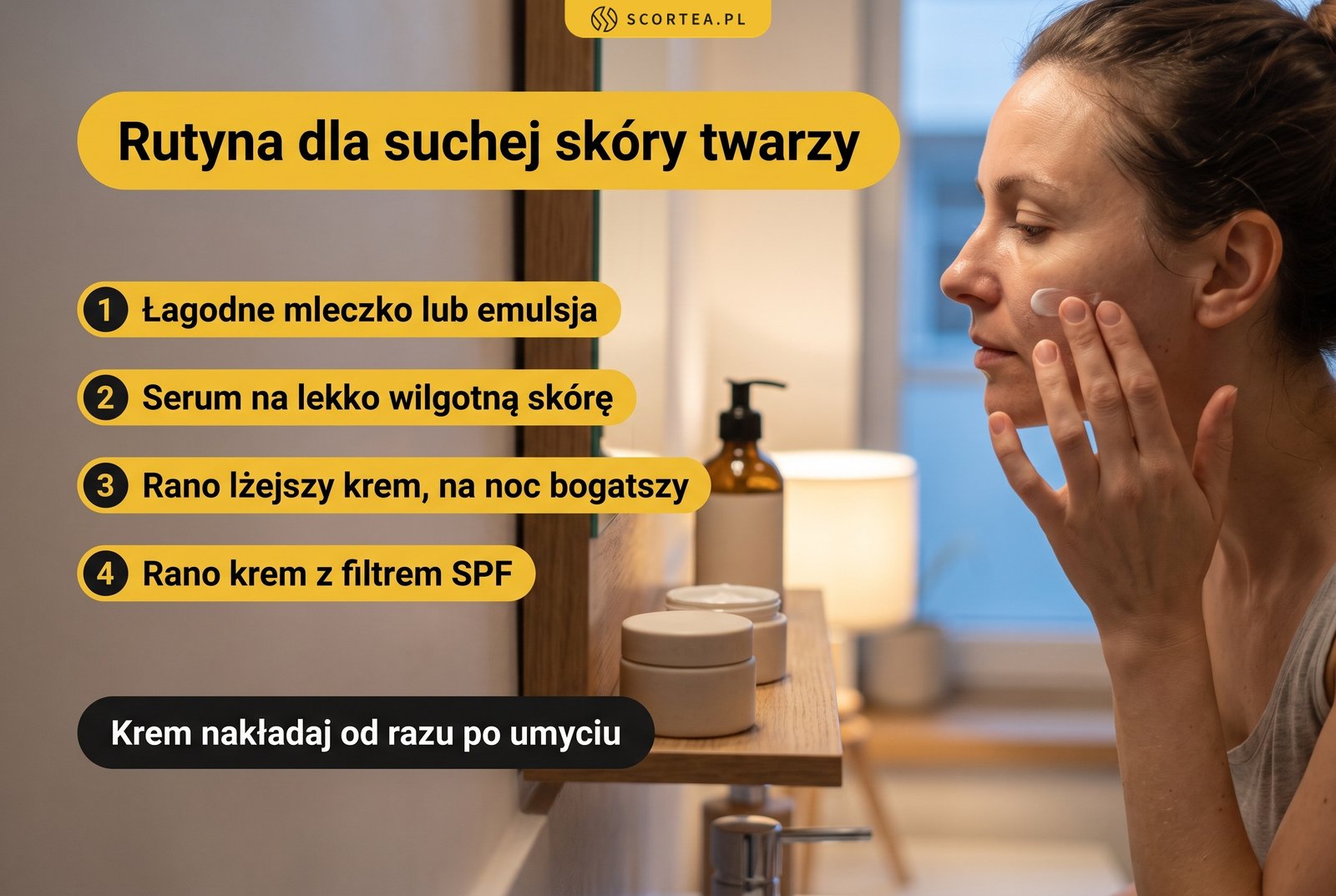 Infografika: rutyna dla suchej skóry twarzy, łagodne mleczko, serum na wilgotną skórę, lżejszy krem rano, bogatszy na noc i SPF