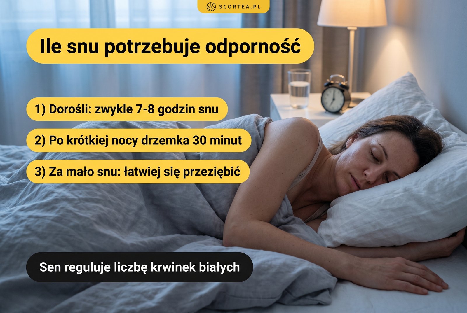 Infografika: ile snu potrzebuje odporność. Dorośli zwykle 7-8 godzin, po krótkiej nocy drzemka 30 minut, sen reguluje liczbę krwinek białych