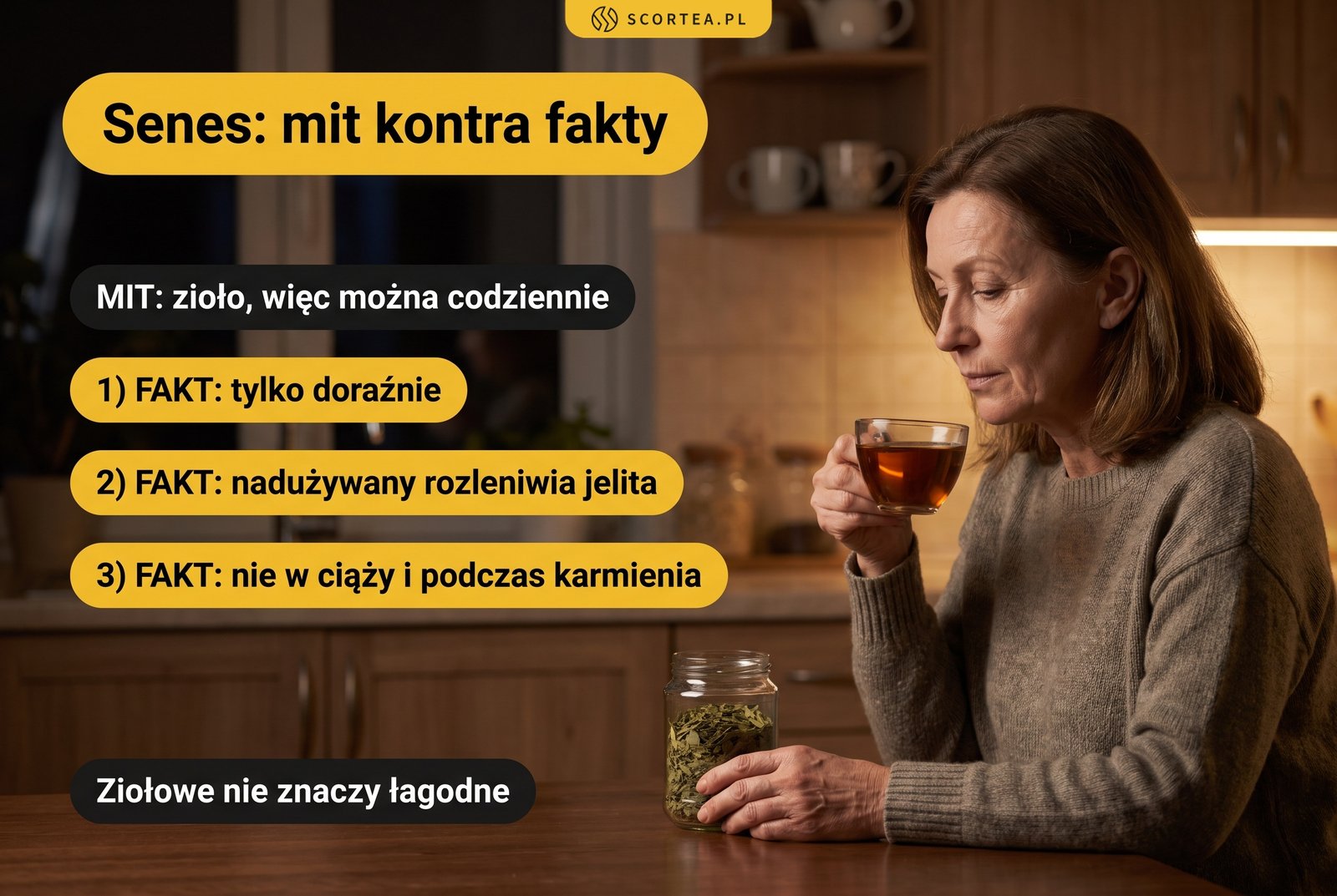 Infografika: senes na zaparcia, mit i fakty: stosować tylko doraźnie, nadużywany rozleniwia jelita, nie w ciąży i podczas karmienia piersią
