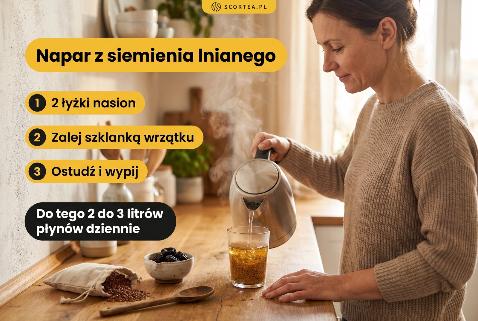 Infografika: napar z siemienia lnianego na zaparcia krok po kroku: 2 łyżki nasion, zalać szklanką wrzątku, ostudzić i wypić, do tego 2 do 3 litrów płynów
