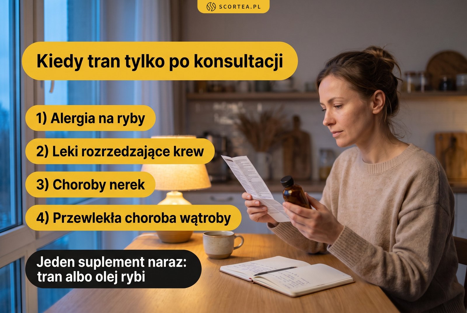 Infografika: tran tylko po konsultacji przy alergii na ryby, lekach rozrzedzających krew, chorobach nerek i przewlekłej chorobie wątroby.