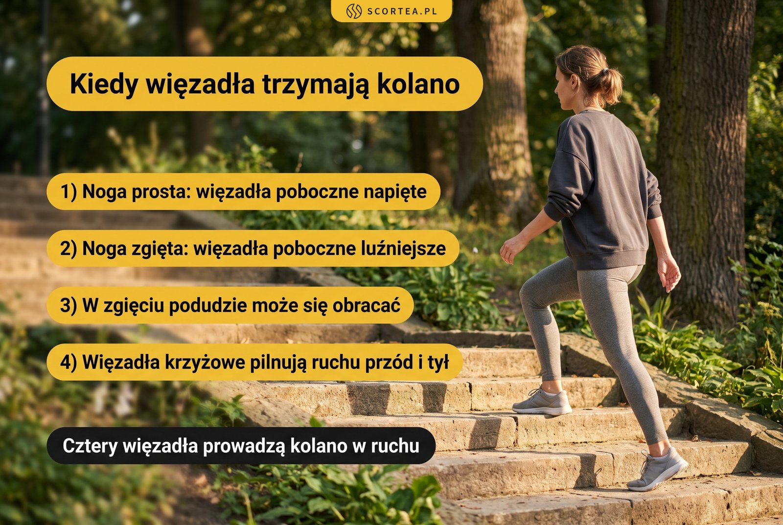 Infografika: więzadła poboczne kolana są napięte przy wyproście i luźniejsze w zgięciu, a więzadła krzyżowe kontrolują ruch przód i tył