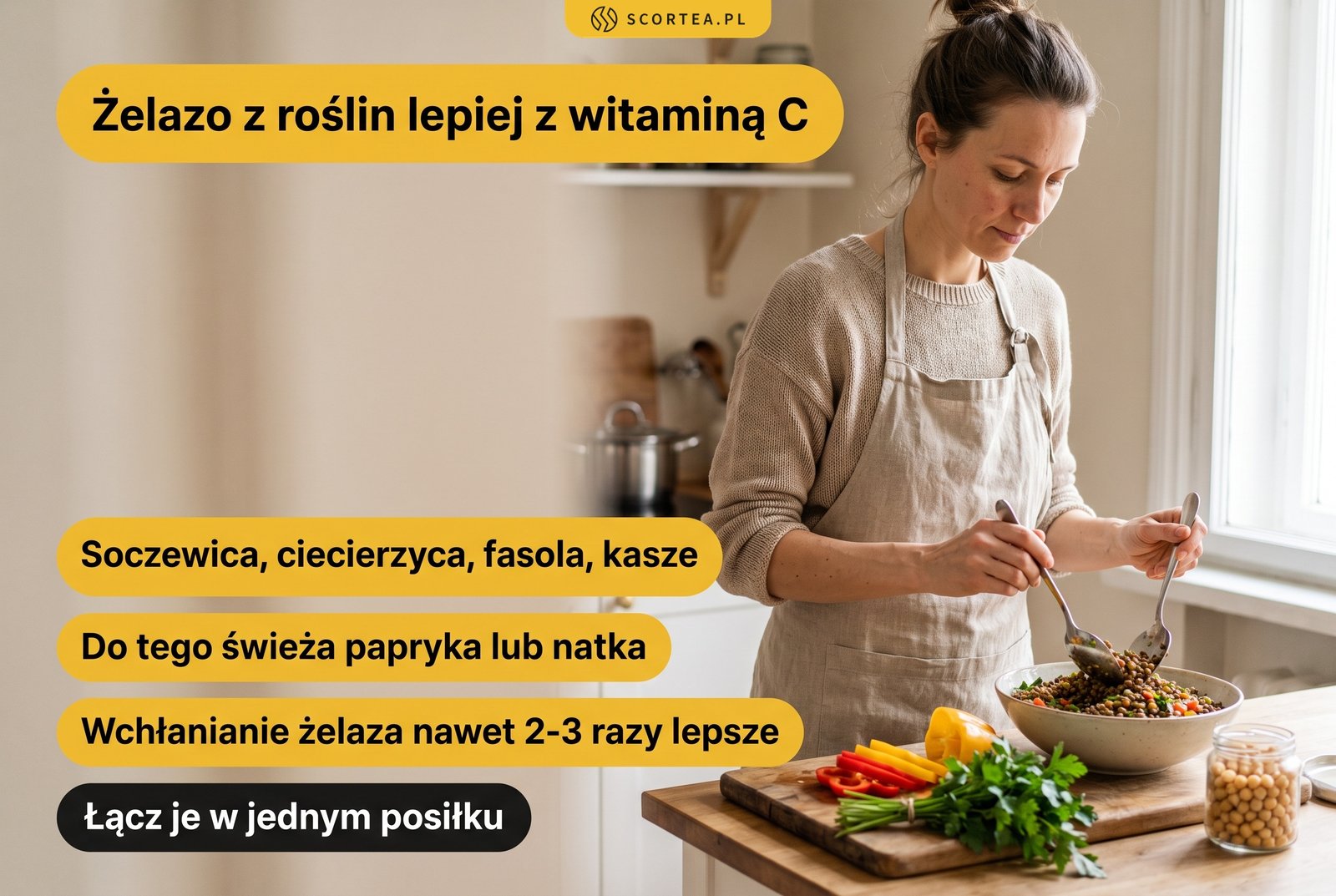 Infografika: witamina C zwiększa wchłanianie żelaza z roślin nawet 2-3 razy, łącz soczewicę, ciecierzycę, fasolę i kasze z papryką lub natką