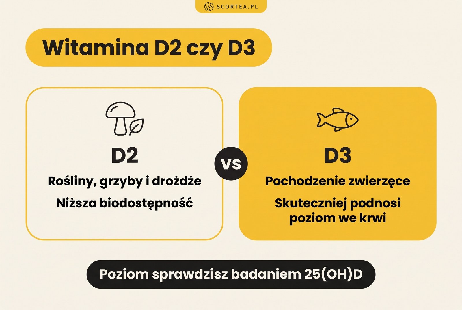 Infografika: witamina D2 czy D3. D2 z roślin, grzybów i drożdży ma niższą biodostępność, D3 skuteczniej podnosi poziom 25(OH)D