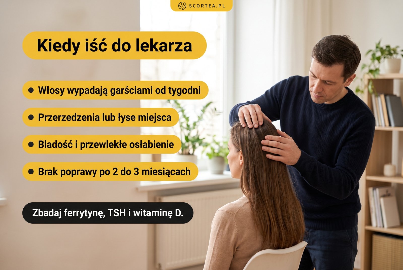 Infografika: kiedy iść do lekarza z wypadaniem włosów. Włosy garściami, przerzedzenia, bladość, brak poprawy po 2 do 3 miesiącach
