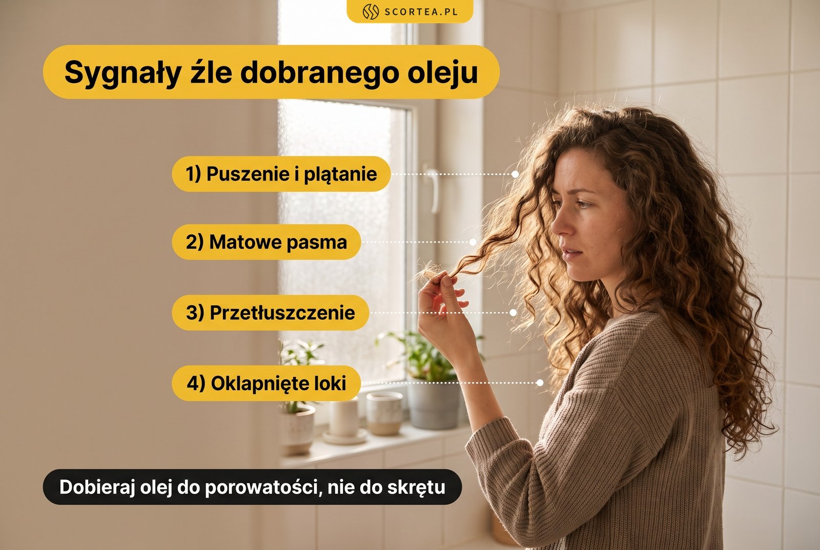 Infografika: sygnały źle dobranego oleju do loków, czyli puszenie i plątanie, matowe pasma, przetłuszczenie, oklapnięte loki. Olej dobieraj do porowatości