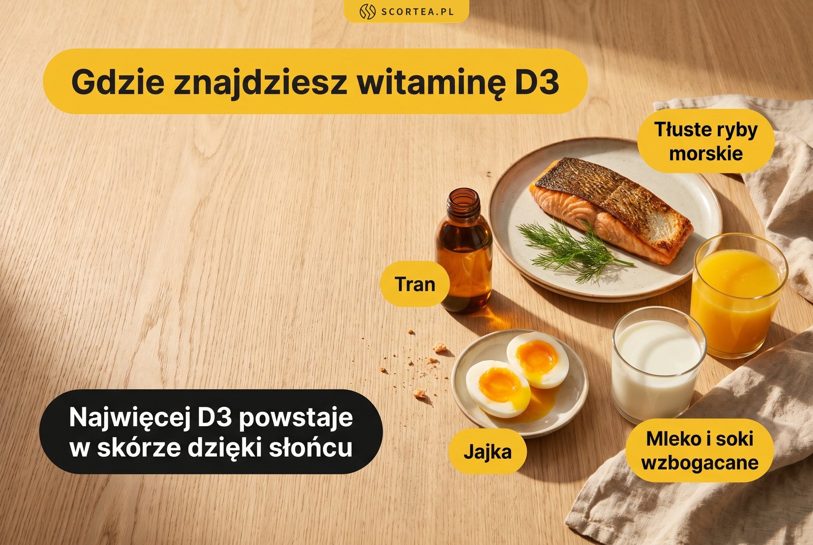 Infografika: gdzie znajdziesz witaminę D3. Tłuste ryby morskie, tran, jajka, mleko i soki wzbogacane; najwięcej D3 powstaje w skórze dzięki słońcu